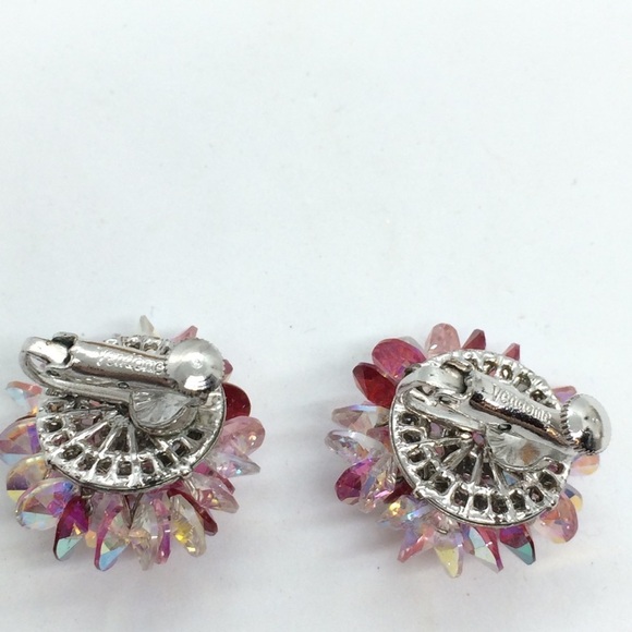 VINTAGE VENDOME SILVER TONE RED CLEAR AB CRYSTAL STARBUST CLIPON EARRINGS - Picture 5 of 14